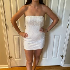 White Sequin Beaded Fringe Mini Dress